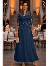 cheap Ankle Length-A-Line Ankle Length Mother of the Bride Dress 3/4 Length Sleeve V Neck Elegant Vintage Luxurious Formal Wedding Guest Wedding Party Chiffon Tulle with Beading Sequin Flower
