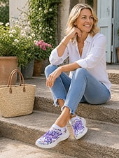 baratos Ténis de mulher-Tênis slip-on feminino roxo vibrante com estampa de borboletas - calçado esportivo leve com plataforma e detalhes em strass. &amp;Tênis casual de malha respirável, ideal para caminhadas leves e passeios