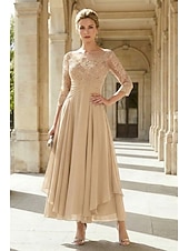 cheap Ankle Length-A-Line Ankle Length Party Dress Cocktail Dress Wedding Guest Dress Mother of the Bride Dress 3/4 Length Sleeve Jewel Neck Elegant Plus Size Wedding Guest Wedding Party Chiffon Lace with Ruched Sequin