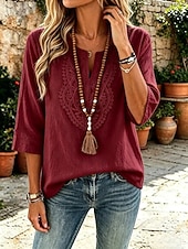 preiswerte Spitzenoberteile-Damen Hemd Boho-Hemd Spitzenbluse Elegant Bohemien Urlaub Dreiviertelarm Lange Oberteile Lässig Täglich Ferien Blau Weiß Khaki Rosa Rote Sommer Frühling