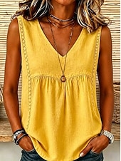 abordables Chemises-Femmes Chemise Chemises en coton et lin Couleur Unie Uni Bohème ancien Mode Sans manches Col en V Hauts Longs Occasionnel Bleu Blanche Jaune Été Printemps