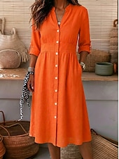 abordables Vestidos-Mujer Vestido hasta la Rodilla Vestidos de lino y algodón Vestido de Camisa Elegante Vacaciones Clásico Diario Oficina Vacaciones Ajuste regular Plano Manga Larga Escote en Pico Rojo Azul Marino