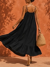  Per donna Abito maxi Abiti di lino Abito Boho Vintage Vacanza Vestibilità comoda Semplice Senza Maniche Spalline sottili Corallo Nero Estate