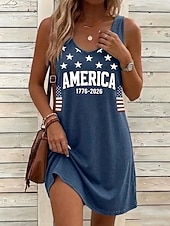 economico Abiti Giorno dell’Indipendenza-Giorno dell'Indipendenza Americana Per donna Mini Abito Abito a trapezio Abito Estivo Abito a spalle scoperte Vacanza Casual Quotidiano Vestibilità comoda Grafico Bandiera Senza Maniche Collo a U Blu