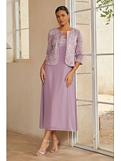 abordables Édition soignée-Femmes Ligne A Ensembles de robes 2 pièces avec veste Robe de Cocktail Robe d'invité de mariage Longueur thé Col Rond Sans manches Manche 3/4 Élégant Quotidien Semi-Formel avec Chiffon Maille florale