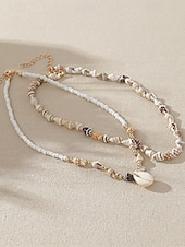 voordelige Dames ketting-Damesketting met meerdere lagen van natuurlijke schelpen, dubbele streng strandsieraden, handgemaakte ketting met schelpen en kralen, kustachtige boho-vakantieaccessoires voor zomerreizen en cruises.