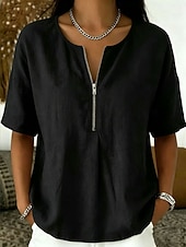  Mulheres Camisa Social Blusa Zíper Côr Sólida Elegante Férias Moda Manga Curta Colarinho de Camisa Tops regulares Casual Azul cor laranja Preto Rosa Vermelho Verão Primavera