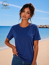 cheap Plain tee-Women's T Shirt Summer Tops Cotton Shirt Tee Top Solid Color Fashion Stylish Basic Short Sleeve Crew Neck Round Neck Regular Tops Casual Daily Beach Blue Khaki Indigo Green with beige Black Summer
