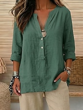 economico Camicie-Camicie da donna 100% cotone con bottoni, tinta unita, vintage, maniche lunghe, scollo a V, top lunghi, casual, rosa chiaro, curcuma, nero, verde oliva, rosso, primavera