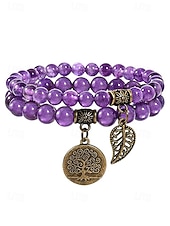 economico Bracciale da donna-Set di braccialetti da donna bohémien a strati con perline di pietra naturale, albero della vita e ciondoli a forma di foglia, gioielli da polso impilabili multicolore in 2 pezzi per l'uso quotidiano,