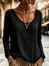  Women's Shirt Blouse Buttons Solid Color Daily Stylish Casual Long Sleeve Crew Neck Regular Tops Casual yellow-green Black White Navy Blue Sky Blue Summer Spring