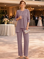 abordables Costumes-pantalons pour maman-Ensemble pantalon robe mère de la mariée longueur de cheville manches ¾ col ras du cou élégante vintage formelle invité au mariage avec couleur unie