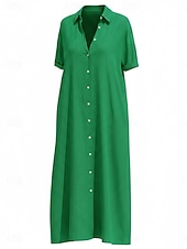  Damen Knielanges Kleid Baumwoll-Leinen-Kleider Vintage Täglich Urlaub Normale Passform Einfach Kurzarm Hemdkragen Weiß Orange Grün Sommer