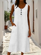 cheap Plain Dress-Women's Midi Dress Shift Dress Elegant Fashion Daily Outdoor Vacation Loose Fit Plain Sleeveless Crew Neck Blue White Yellow Pink Summer