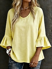  Damen Hemd Bluse Einfarbig Elegant Lässig Dreiviertelarm Glockenärmel Rundhalsausschnitt Normale Oberteile Lässig Weiß Gelb Himmelblau Violett Dunkelgray Sommer Frühling