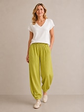 abordables Collection de Lin en Premium-Pantalon bloomer en lin pour femme, taille mi-haute, longueur cheville, poche, ceinture élastique, idéal pour les vacances