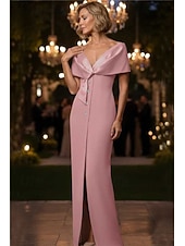 abordables Vestidos de noche ajustados-Funda Columna Hasta el Suelo Vestido formal Vestido de noche Vestidos de noche Elegante Estilo de Celebridad Manga Corta Hombros Caídos Fiesta de Noche Boda con Botones Abertura Chal