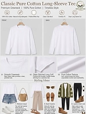  Per donna 100% cotone Maglietta Tinta unica Classico Casual Manica Lunga Girocollo Top Regolari Casuale Quotidiano Blu Bianco Nero Rosa Grigio chiaro Inverno Primavera, Autunno, Inverno, Estate