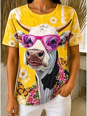  Per donna Maglietta Blocco di colore Stampato Grafico Animale Mucca Vintage Elegante Classico Manica Corta Girocollo Top Regolari Casuale Quotidiano Blu Giallo Azzurro cielo Beige Estate Primavera