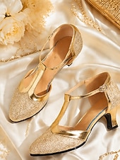 economico Scarpe da ballo di sala e danza moderna-Scarpe da ballo latino da donna con cinturino a T e glitter dorati, scarpe con tacco basso per balli da sala, salsa e tango.