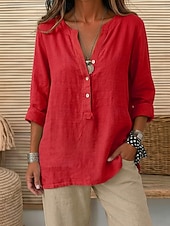 economico Camicie-Camicie da donna 100% cotone con bottoni, tinta unita, vintage, maniche lunghe, scollo a V, top lunghi, casual, rosa chiaro, curcuma, nero, verde oliva, rosso, primavera