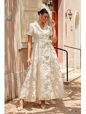 preiswerte Polished Edit-Damen A-Linie Cocktailkleid Kleid für Hochzeitsgäste Knöchellänge Revers Kurzarm Empire-Taille Elegant Vintage Mutter der Braut Formell mit Jacquard Gürtel Blumig Champagner