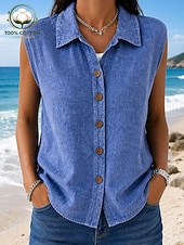  Damen-Tanktop aus 100 % Baumwolle, schlicht, Vintage-Stil, ärmellos, Hemdkragen, normale Passform, lässig, für Alltag, Sommer, Frühling