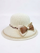 baratos Chapéus Femininos-Chapéu de sol feminino de aba larga em tecido trançado com laço, elegante chapéu de palha multicolorido para o verão, chapéu leve para praia, férias, proteção solar, viagens e atividades ao ar livre.