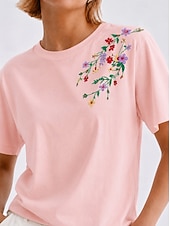 abordables Hauts brodés artisanaux-T-shirt floral brodé 100 % coton pour femmes T-shirt d'été élégants vintage tropicaux à manches courtes col rond haut régulier décontracté quotidien plage blanc été printemps automne hiver