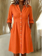 preiswerte Kleider-Damen Knielanges Kleid Baumwoll-Leinen-Kleider Hemdblusenkleid Elegant Urlaub Klassisch Täglich Büro Urlaub Normale Passform Einfach Langarm V Ausschnitt Rote Marineblau Orange Sommer Frühling