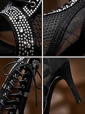 voordelige Danslaarzen-Women's Black Sparkle Rhinestone Ballroom Dance Boots – Black Mesh Latin Dance Heels with Lace-Up Design &amp; Back Zipper for Salsa, Tango, Bachata &amp; Stage Performance