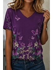 economico T-shirt floreale-Per donna Maglietta Stampato Floreale Grafico Piante Vintage Elegante Classico Manica Corta Scollo a V Top Regolari Casuale Quotidiano Viola chiaro Viola Viola Estate Primavera Autunno Inverno