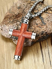 baratos Jóias Masculinas-Colar masculino com pingente de cruz em madeira e liga metálica, corrente em aço inoxidável, joia religiosa, presente para homens maduros, ideal para uso casual no verão, viagens e dia a dia.