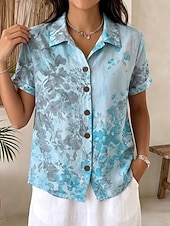 cheap Floral Blouses-Women's Shirt Buttons Print Floral Graphic Daily Stylish Casual Short Sleeve Shirt Collar Long Tops Casual Daily Blue Yellow Pink Summer Spring
