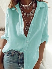 economico Camicie-Per donna Camicia Camicie effetto lino Blusa Cotone Patchwork Bottoni Semplice Vintage Elegante Classico Manica Lunga Scollo a V Top Regolari Quotidiano Ferie Uscire Bianco Azzurro Estate Primavera