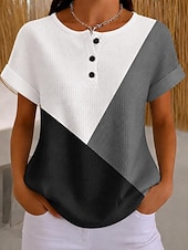  Top in maglia waffle per donna T-shirt ombre grafica geometrica elegante classica manica corta collo rotondo Henley top regolari sportivi quotidiani nero e bianco verde chiaro khaki arcobaleno estate