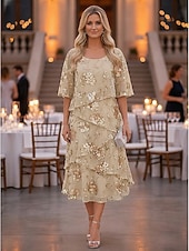 Linea ad A Lunghezza alla caviglia Lunghezza Tè Vestito da Festa Abito da Cocktail Abito da invitata a nozze Abito da cerimonia per signora Manica Corta Mezza Manica Scollo Tondo Elegante Formale