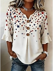  día de la independencia americana Mujer Camisa Botones Estampado Graphic Bandera Estrella Vintage Elegante Manga 3/4 Escote en Pico Tops regulares Casual Diario Festivos Azul Piscina Blanco Rojo Azul