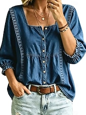  Women's Shirt Blouse Buttons Solid Color Fashion Daily Casual 3/4 Length Sleeve Puff Sleeve Crew Neck Long Tops Casual Light Blue Black Navy Blue Fall