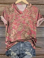 economico T-shirt floreale-Per donna Maglietta Stampato Floreale Grafico Piante Essenziale Manica Corta Scollo a V Top Regolari Casuale Weekend Rosa Rosso Arcobaleno Estate Primavera Autunno Inverno