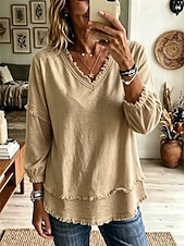  Dam Skjorta Boho skjorta Spetsskjorta Frans Ensfärgat Slät bohemliv Semester Dagligen Långärmad V-hals Långa toppar Ledigt Blå Vit Kaki Purpur Sommar Vår Höst