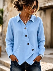  Femmes Chemisier Boutons Couleur Unie Élégant Occasionnel manche longue Col Rabattu Hauts Réguliers Occasionnel Quotidien Bleu Blanche Abricot Été Printemps Automne