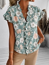  Mujer Camisa Sayo Volante Floral Graphic Elegante Moda Diario Manga Corta Escote en Pico Tops regulares Casual Diario Azul Piscina Blanco Verde Trébol Verano Primavera