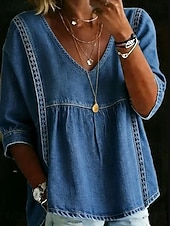  camisa de mujer camisa boho camisa estilo denim camisa de encaje camisa casual encaje patchwork color liso vintage western casual manga corta cuello en V tops regulares casual diario vacaciones azul