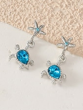 abordables Pendiente de mujer-Pendientes colgantes de tortuga marina para mujer, de aleación de plata, con estrella de mar y cristal azul, ideales para vacaciones, cruceros, resorts, fiestas de verano y bodas costeras.