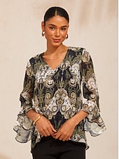 economico Bluse Floreali-Top in chiffon svolazzante con stampa floreale mandala verde.