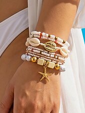 baratos Pulseira Feminina-Conjunto de pulseiras femininas boho em camadas com 8 peças, pingente de estrela-do-mar e concha, em liga dourada, multifilamento, perfeitas para usar na praia, férias de verão e viagens.