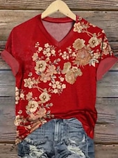 economico T-shirt floreale-Per donna Maglietta Stampato Floreale Grafico Piante Essenziale Manica Corta Scollo a V Top Regolari Casuale Weekend Rosa Rosso Arcobaleno Estate Primavera Autunno Inverno