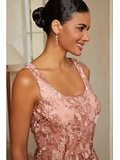 cheap Polished Edit-Women's A-Line 2-Piece Dress Sets Cocktail Dress Wedding Guest Dress Tea Length Crew Neck Sleeveless 3/4 Length Sleeve Illusion Sleeve Elegant Mother Of The Bride with Satin Lace Floral Combo Splicing