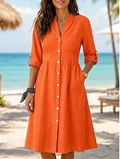  Per donna Abito al ginocchio Abiti in cotone e lino Abito Camicia Elegante Vacanza Classico Quotidiano Ufficio Vacanza Vestibilità regolare Semplice Manica Lunga Scollo a V Rosso Blu marino Arancione